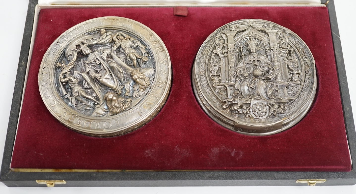 Two 1970's cased limited edition reproduction silver seals, 'The Royal Seal of King Henry VIII of England' and 'The Royal Seal of King Francis I of France', Hennell, Frazer & Haws, London, 1972, 91mm. Condition - fair to